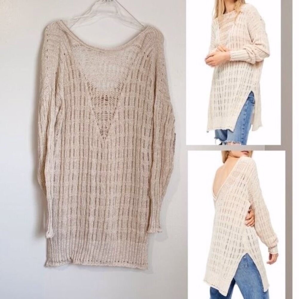 Free People Pointelle Open Knit Oversize Long Tunic Sweater Sz XS Boho Coastal